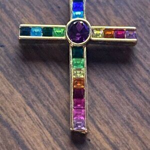 Vintage 1998 Rainbow Cross Necklace Gold Tone UV Reactive Neon Glow 90s Jewelry